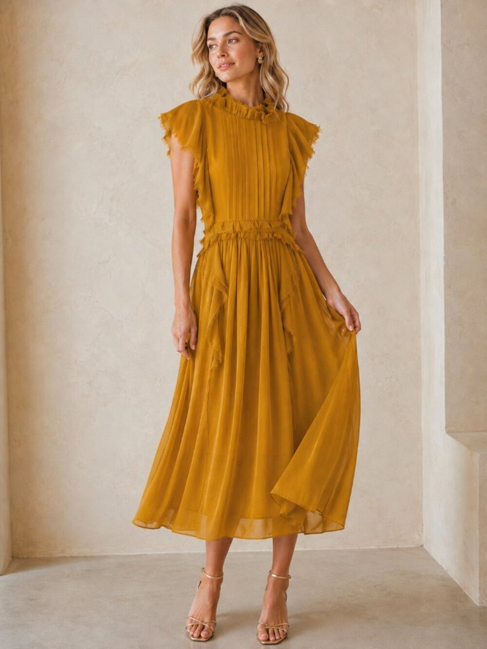 Marissa Webb Florence Silk Dress Yellow Gold Ruffle Midi Small